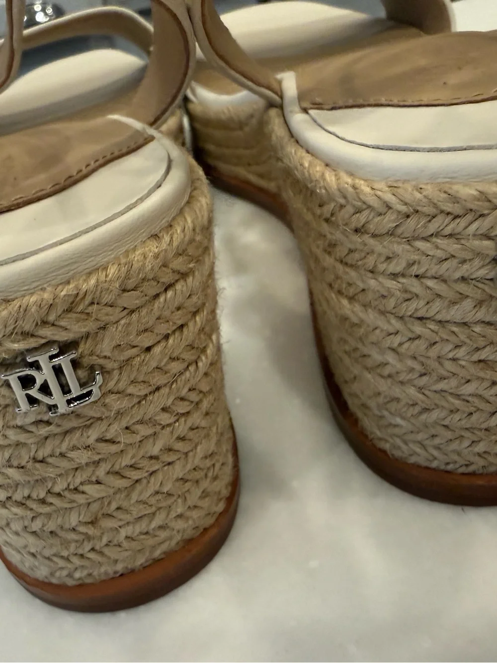 Ralph Lauren Leona Espadrille Platform Wedge Sandals Leather Ivory Sz 9.5 NEW!